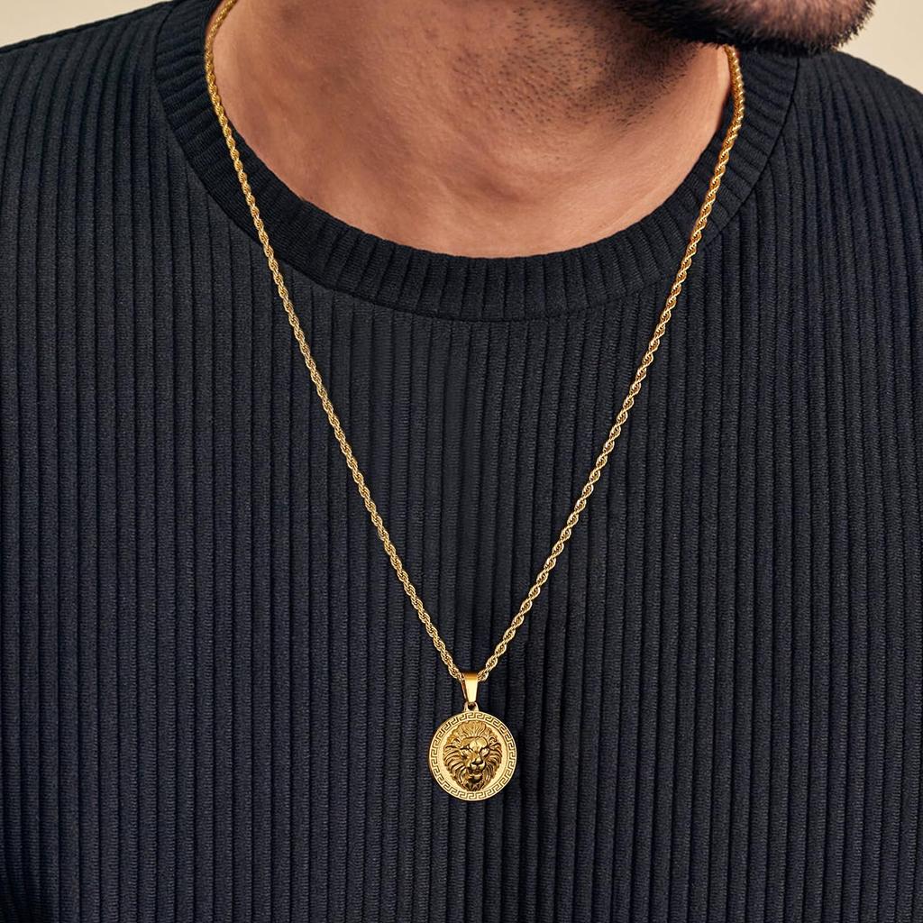 Coin Necklace Lion Pendant with Width French Rope Chain Medal Necklace Gold Surgical Stainless Steel Hypoallergenic Amulet Accessory Unisex Gift