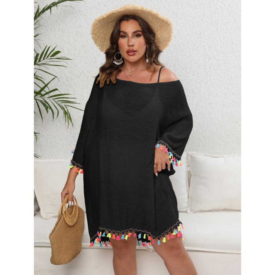 Белое, черное абрикосовое женское платье большого размера с кисточками в стиле пэчворк с разрезом на шее, сексуальное пляжное бикини с открытой спиной и завязками, накидки, платья