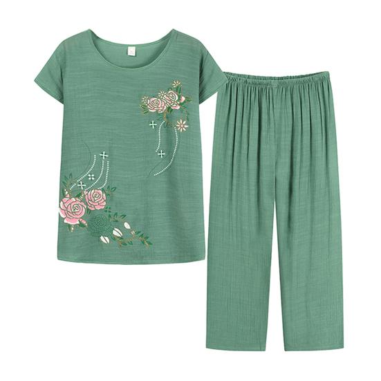 2 Pcs/Set Women Top Pants Set O Neck Flower Print Grandma Style Elastic Waists Summer Pajamas Set for Daily Wear