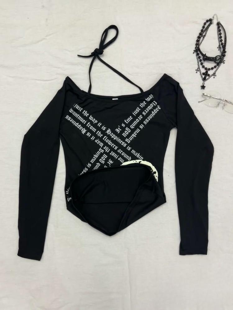 Dark Academia 2000s Retro Loose T-shirt Women Gothic Rock Punk Y2k Babes Tops High Street Skull Print Long Sleeve Casual Clothes