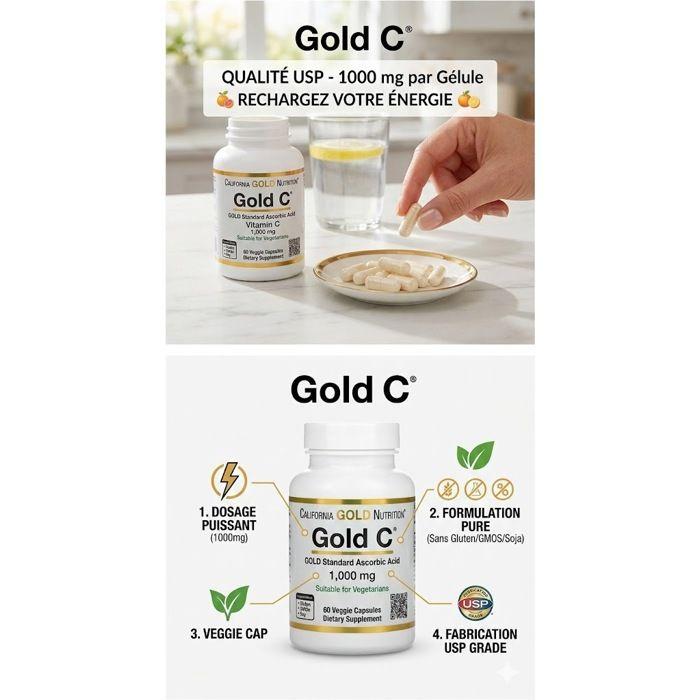 Complément alimentaire Vitamine C - California Gold Nutrition - 1000 mg par gélule - 60 gélules végétales - Qualité USP