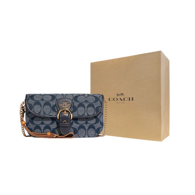 Coach Kleo Series 19 Chambray Monogram Saddle Flap Leather Shoulder Bag Women shoulder bag Denim-Blue C8304-IMDEI
