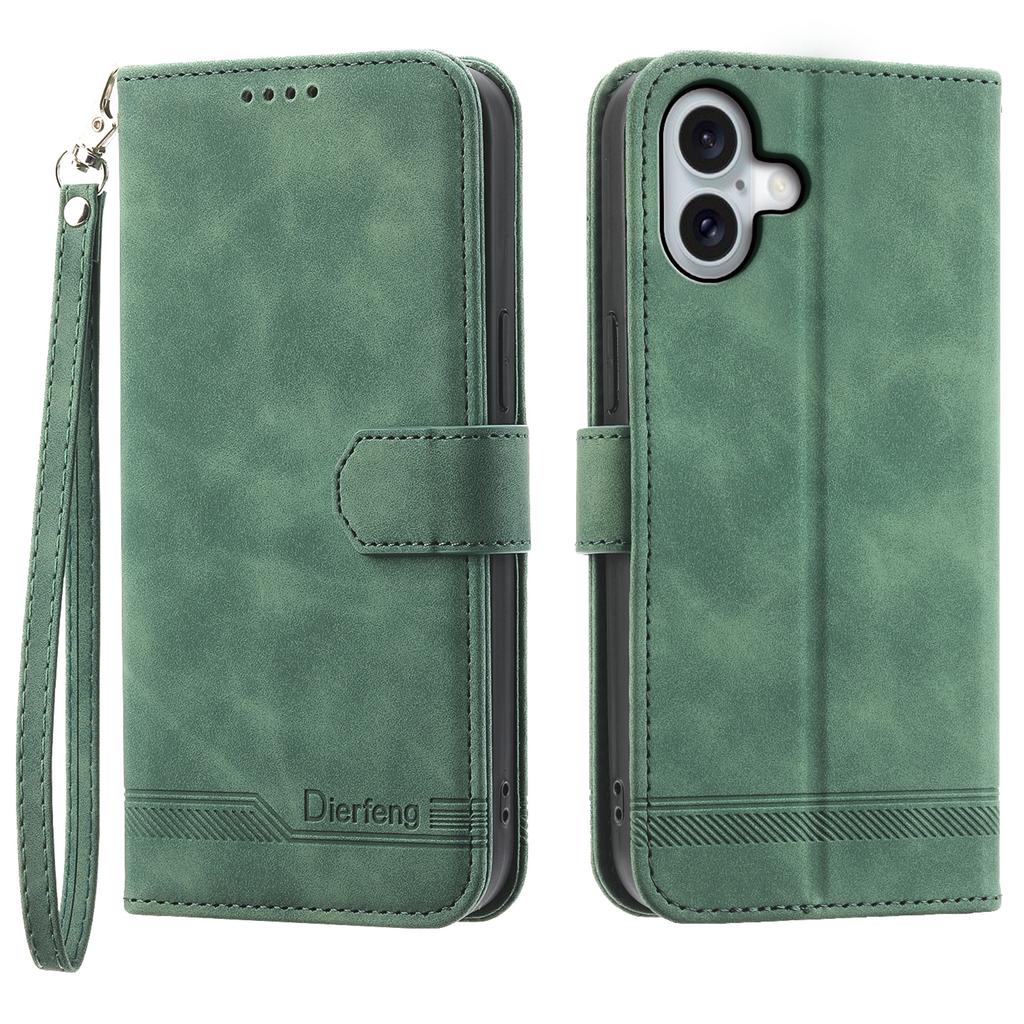 DIERFENG DF-03 For iPhone 17 Case Lines Imprint Wallet Leather Phone Cover with Wrist Strap