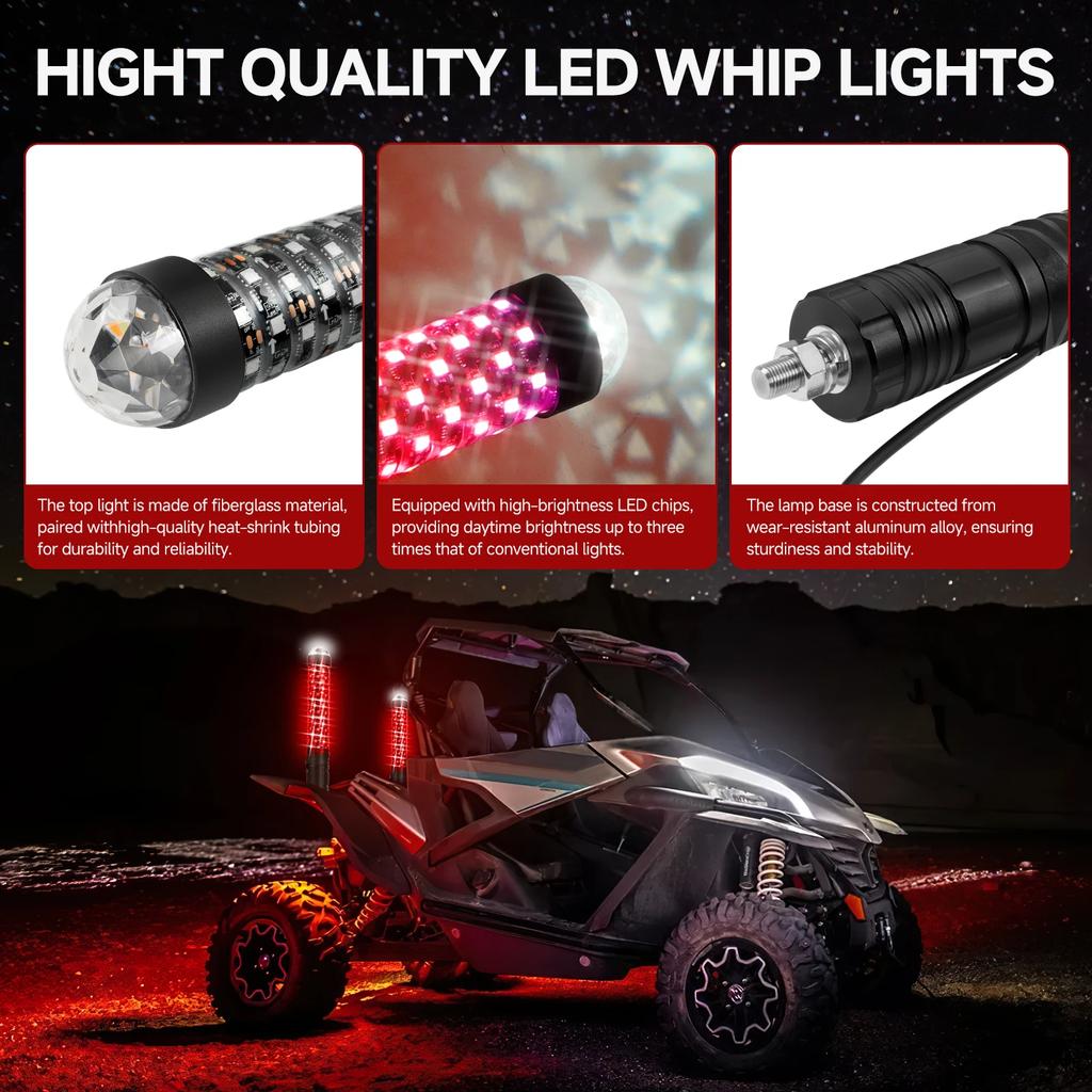 2PCS 1FT RGB LED Antennas With Warning Lights Antenna Led Bar Spiral Sequential Whip Light Off-road And UTV Accessories