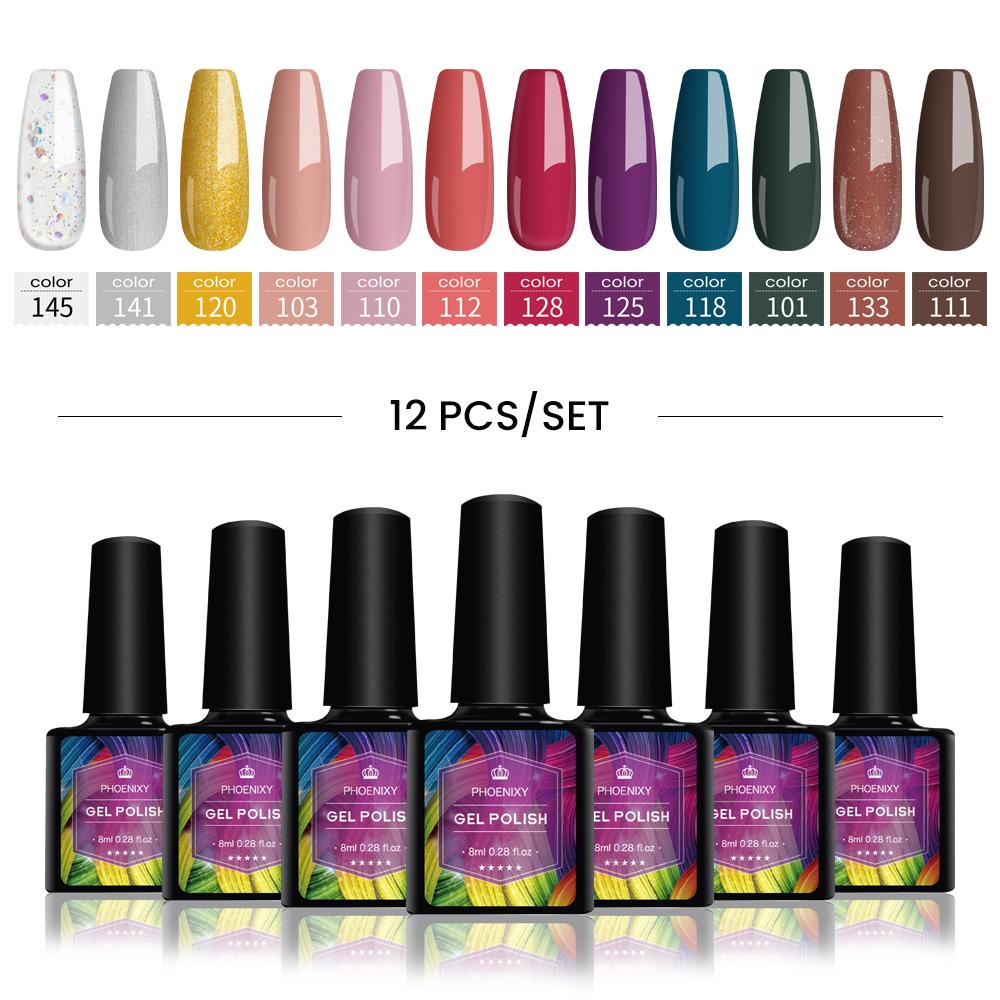 PHOENIXY Набор гель-лаков для ногтей, 12 цветов, набор геля для замачивания с чистым цветом для дизайна ногтей, стартовый набор для начинающих, сделай сам, дома