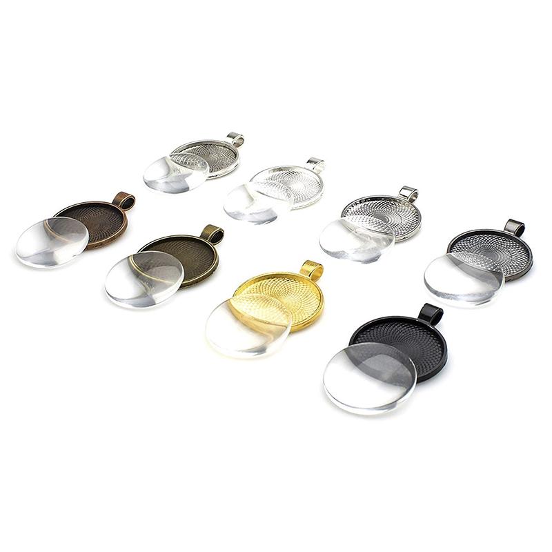 80Pcs Round Pendant Trays Glass Cabochon Base 8 Color Jewelry Making Crafts Gift