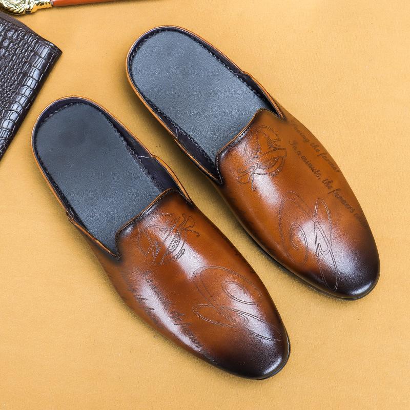 Men'S Shoes Leather Engraved Bag Head Slippers Men'S Outdoor Fashion Leather Shoes Loafers Men Slippers