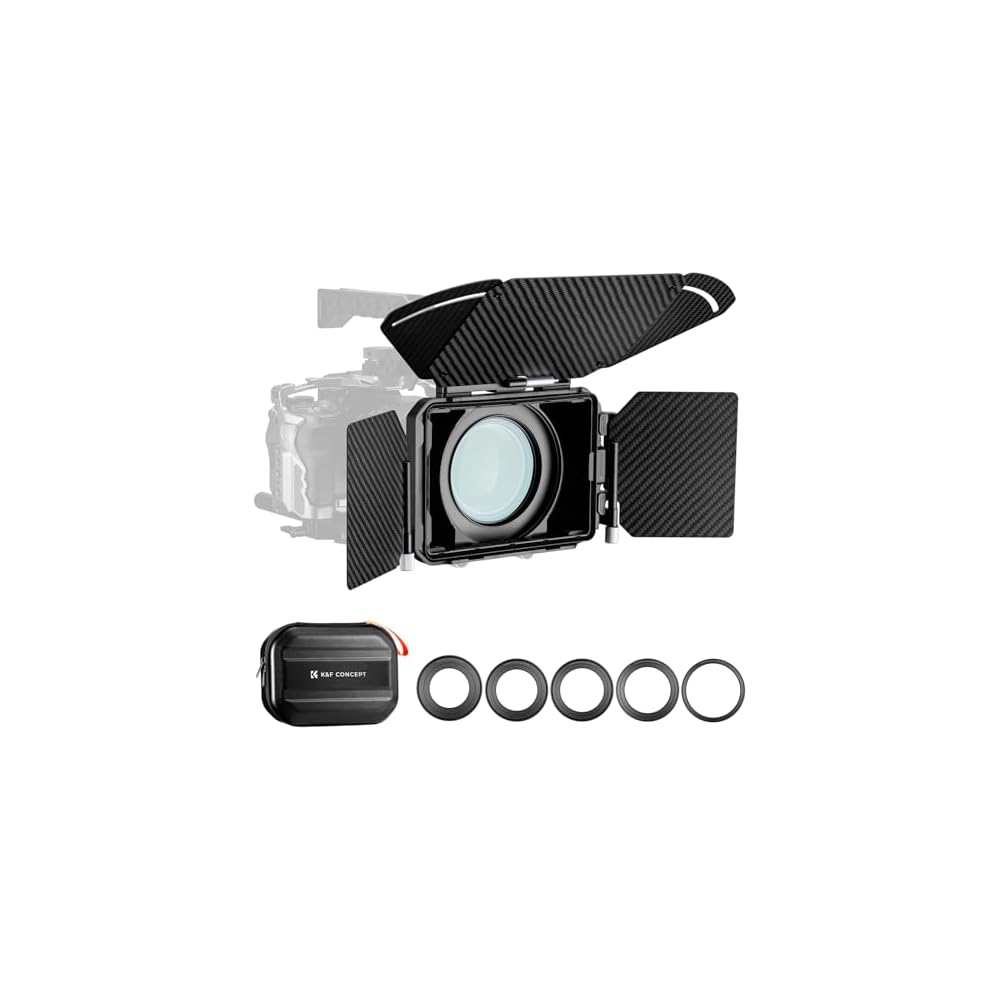 K&F Concept 4x5.65" Mini Matte Box with Side Flags, Carbon Fiber Construction, Includes 67mm, 72mm, 77mm, 82mm, and 95mm Adapter Rings, Holds Two Squa