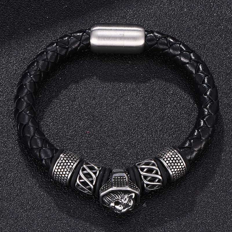Модные браслеты из стальных бусин с головой льва, мужские черные кожаные браслеты с застежкой, ювелирные изделия в подарок