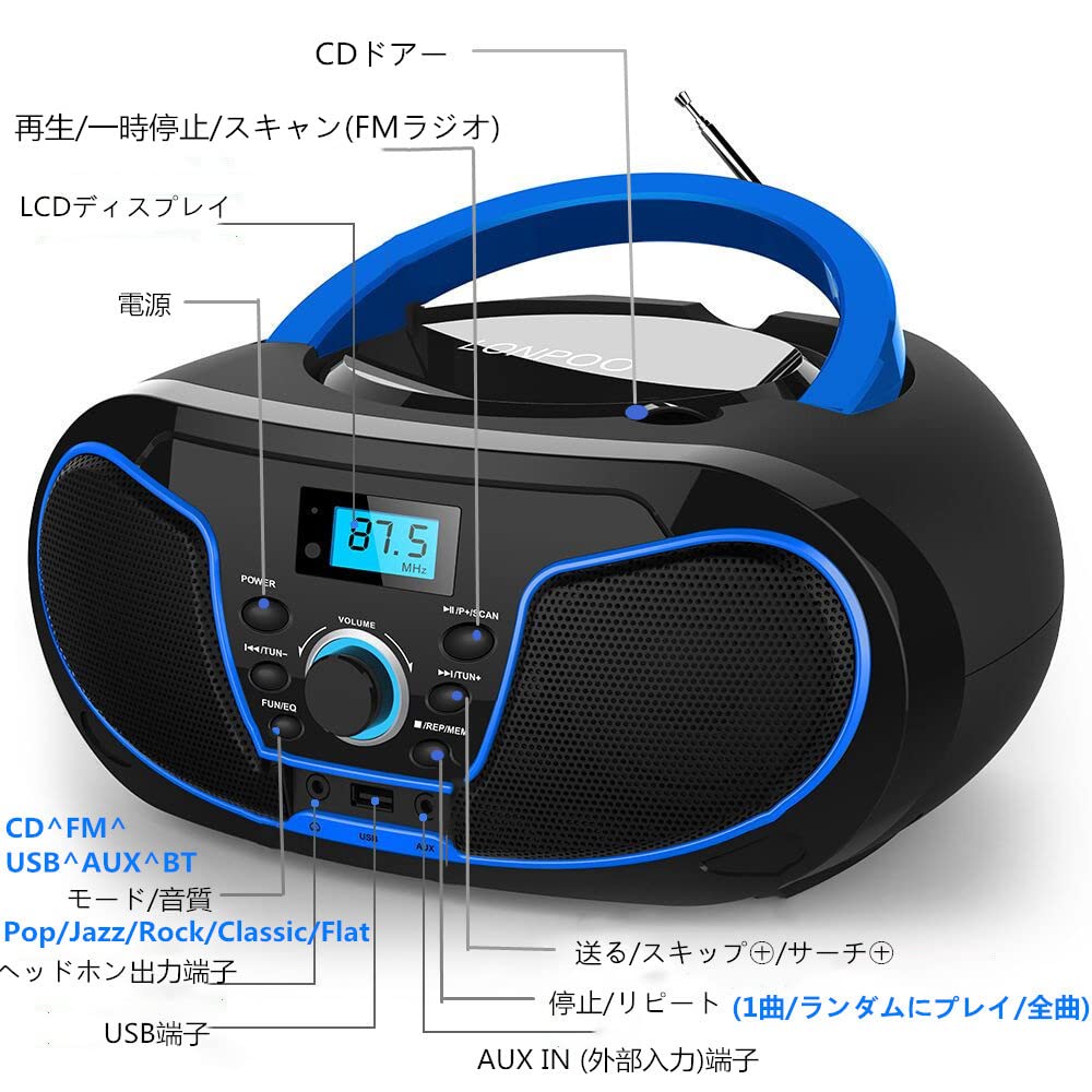 LONPOO Стерео CD-плеер с FM, MP3, наушниками, ЖК-дисплеем, компактный CD-плеер, идеально подходит для детского сада, изучения языков, Bluetooth, радио, воспроизведение,