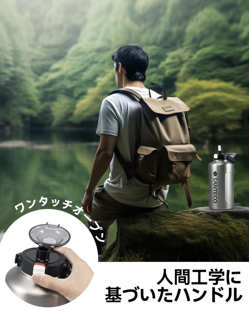 Бутылка для воды SANTECO с термоизоляцией, большой емкостью, термос 1900 мл с трубочкой, бутылка для питьевой воды из нержавеющей стали с вакуумной изоляцией, серебристого цвета