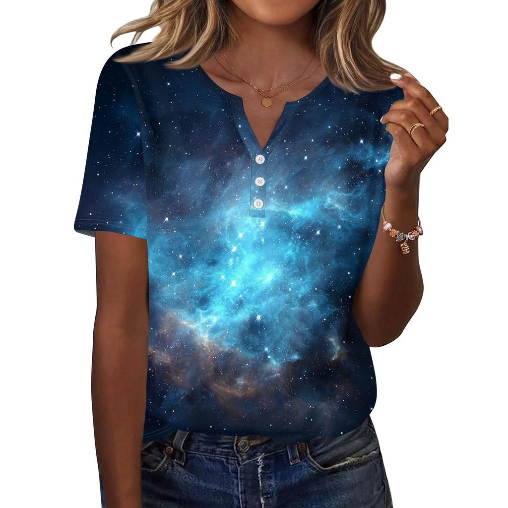 Жен. Футболка С принтом Пуговицы С короткими рукавами Повседневные Выходные Мода Классический V-образный вырез Обычный Верх