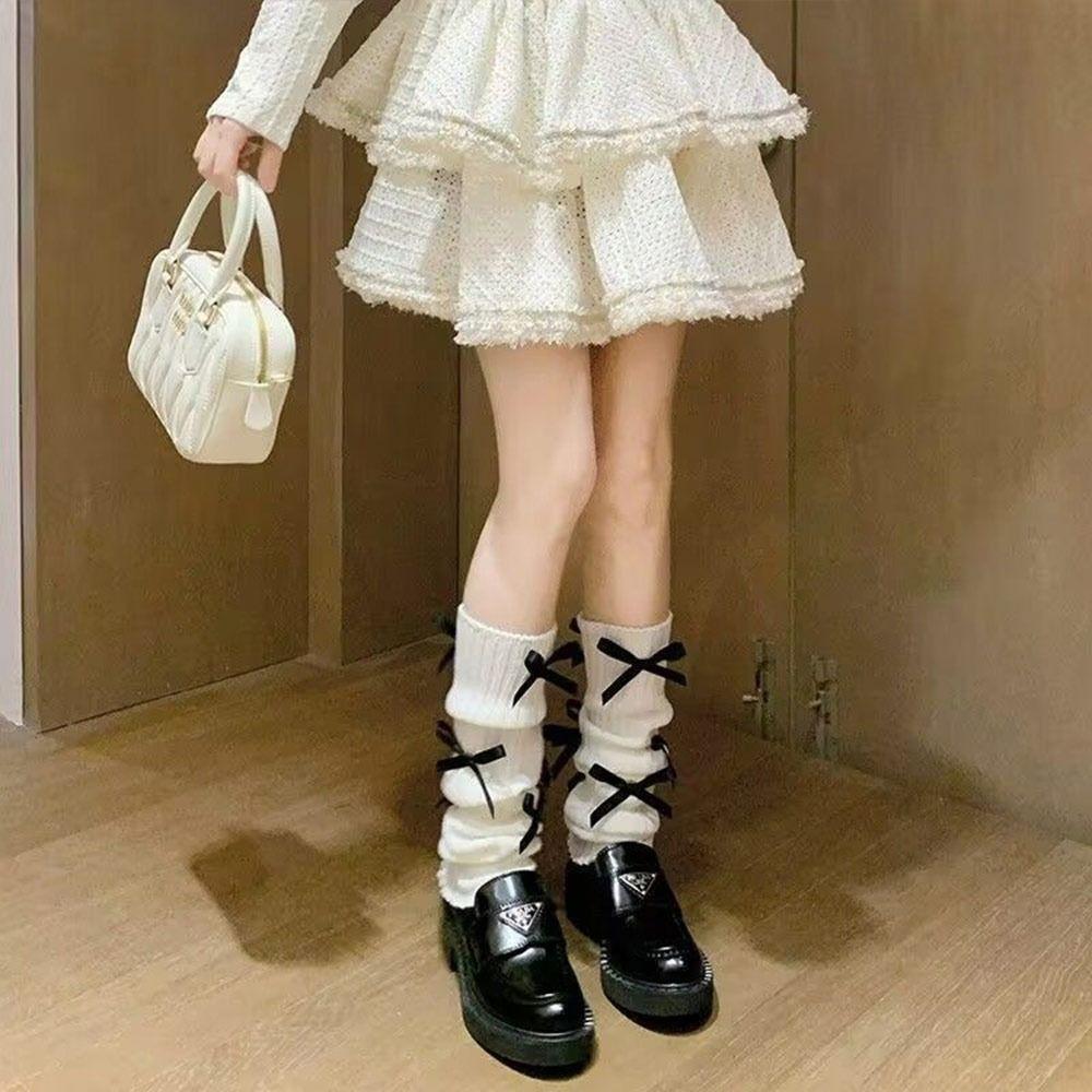 Модные вязаные гетры с бантом 40 см, вязаная текстура, чехол для ног, белые, черные, теплые вязаные носки, осень-зима