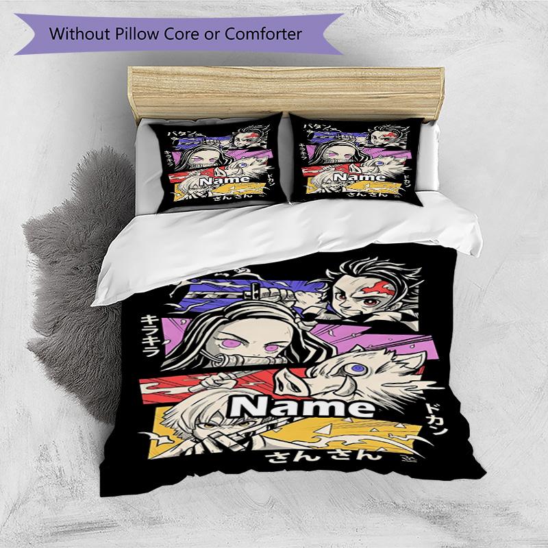 3pcs Duvet Cover Set (1*Duvet Cover + 2*Pillowcase, Without Core), Custom Name Demon Slayer Pattern Bedding Set, Home Bedroom Decor Gift