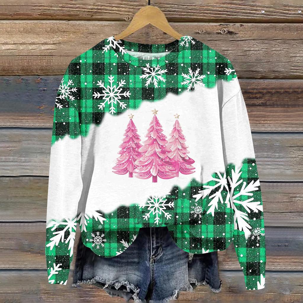 Женская мода рождественский принт длинный рукав свободный круглый вырез толстовка топ осень