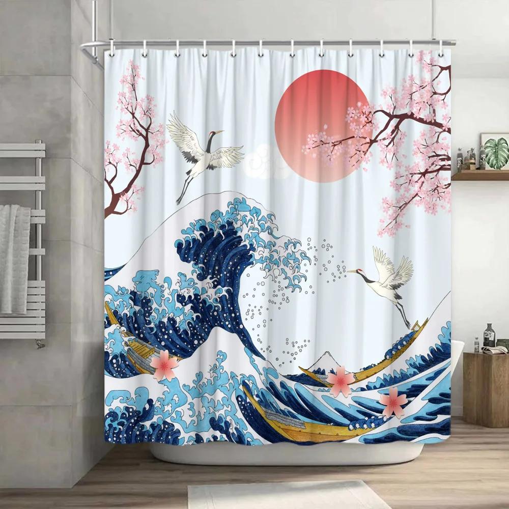 Смешная занавеска для душа Brave Cat Cartoon Душевая занавеска Waves Ocean Decor Ткань Душевая занавеска Set with Hooks Bathroom Decoration