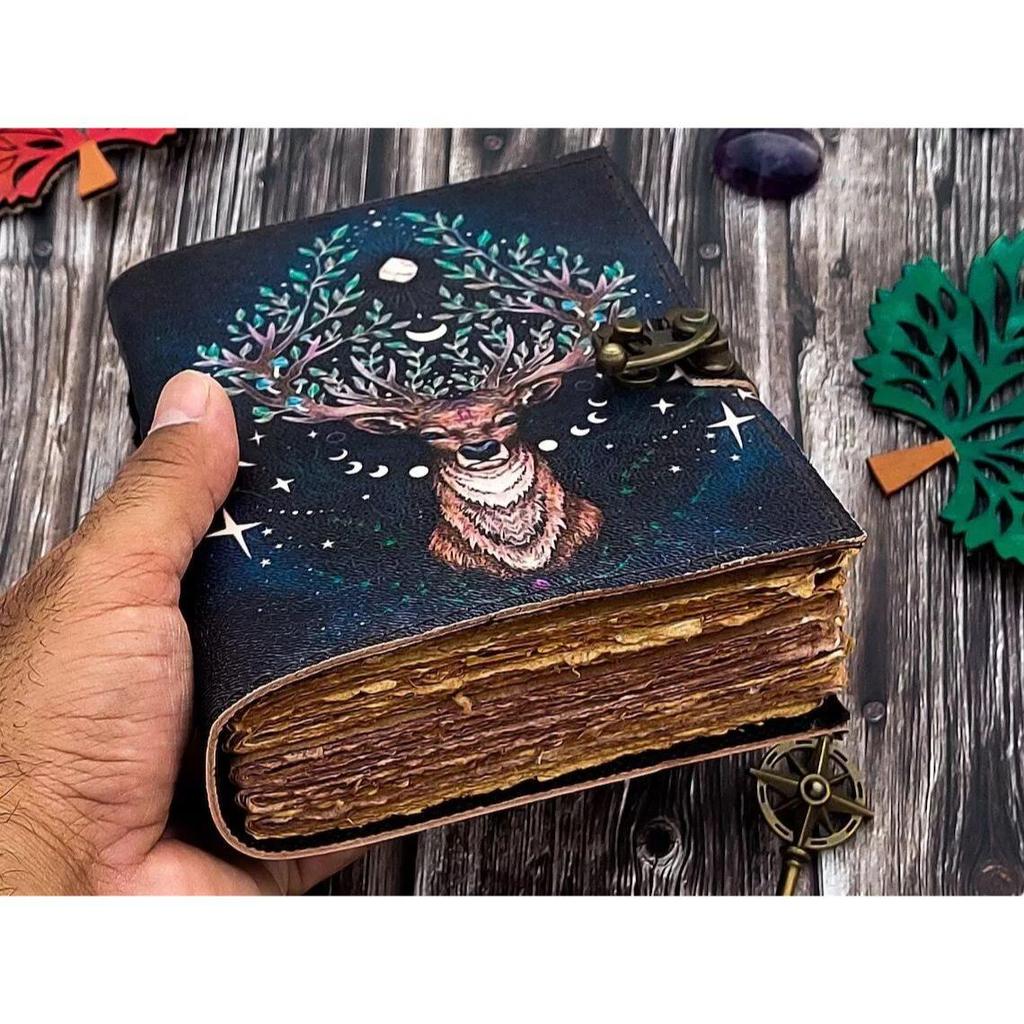 Vintage Leather Deer Moon Journal For Men Women with Lock Antique Handmade