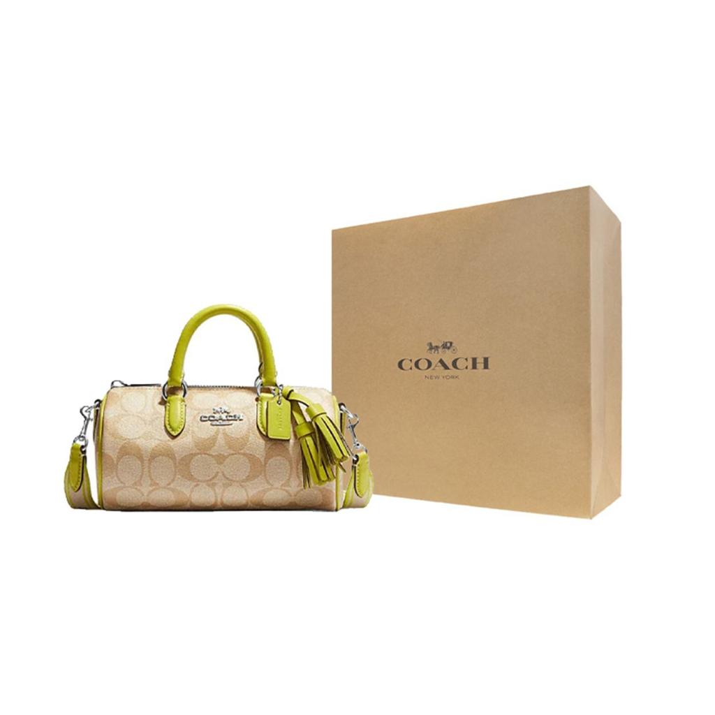 Coach Кружевная Плашка с Логотипом из 20 Букв Классический Принт Кисточка Покрытый Холст и Кожаная Сумка-Тоут Маленькие Женские Сумки-Тоут Коричневый Желтый CB874-SVVRE
