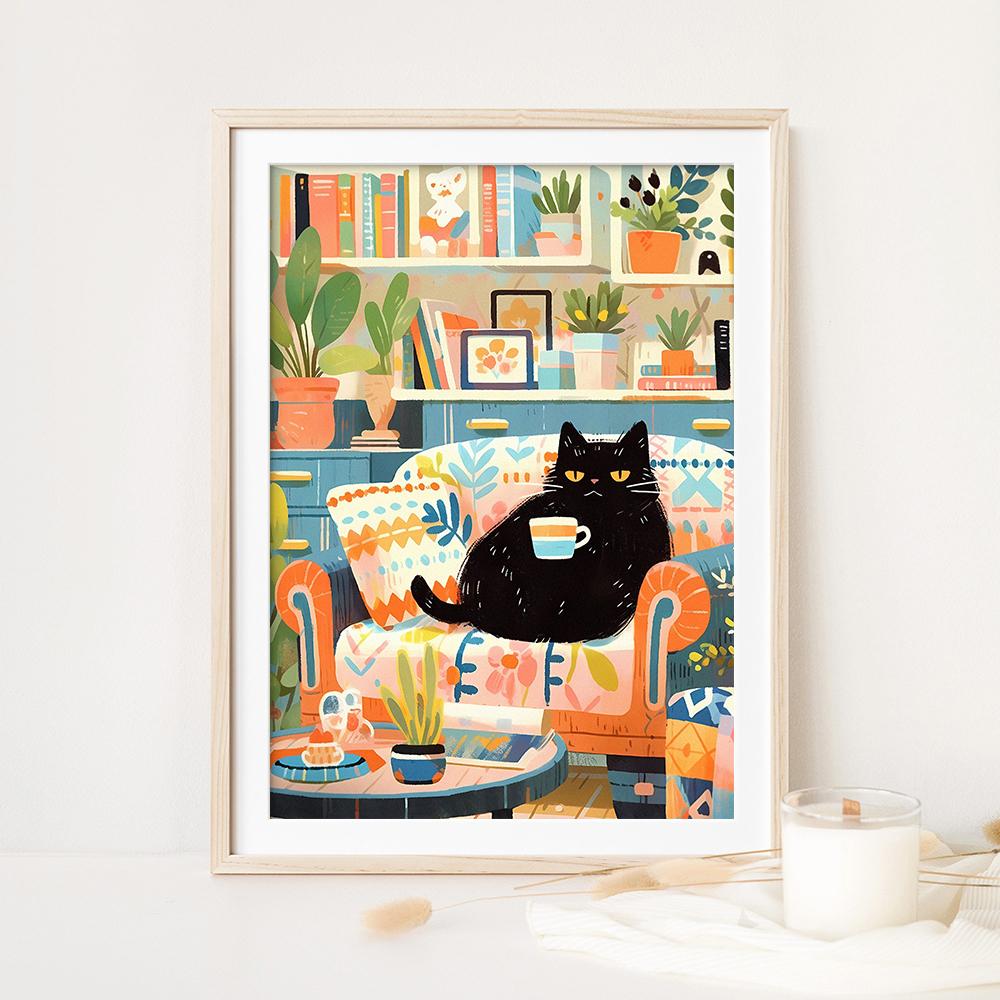 Cute Cat Print Wall Art of Coffee Lovely Black Cat Painting Cat Mom Gift for Cat Parents Birthday Wall Decoration Pictures