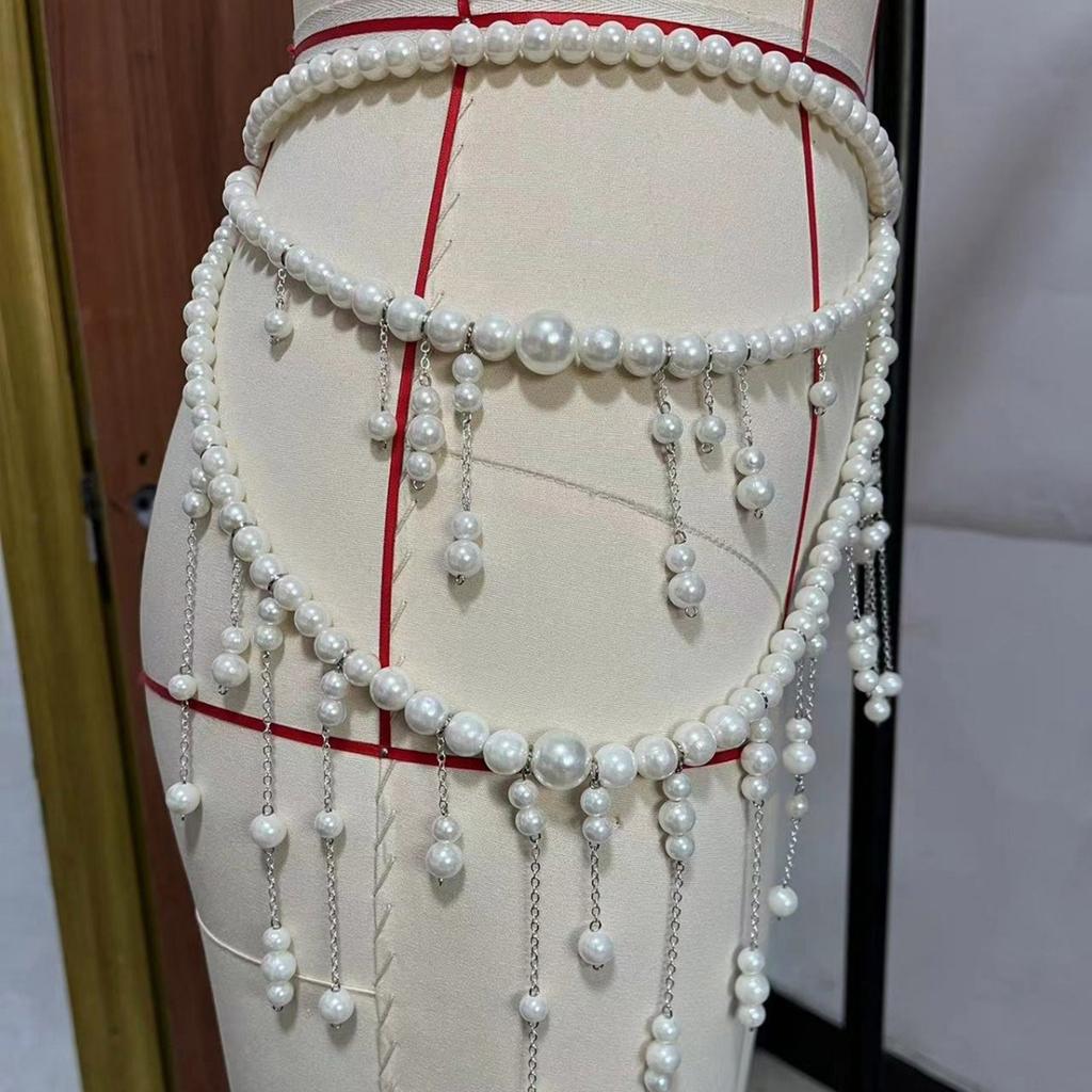 Multilayer Long Imitation Pearls Waist Chain Belt with Tassel Women Elegant Body Chain Accessory for Dresses and Sweater