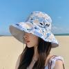 Women Summer Hat Windproof Strap Printed Large Brim Foldable Anti-UV Sun Protection Fisherman Cap Outdoor Sun Hat