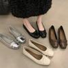 New Ballet Flats Women's Elegant Bows Square Toe Pumps Lady Comfortable Leather Work Shoes Soft Sole Casual Slip-on Scoop Shoes