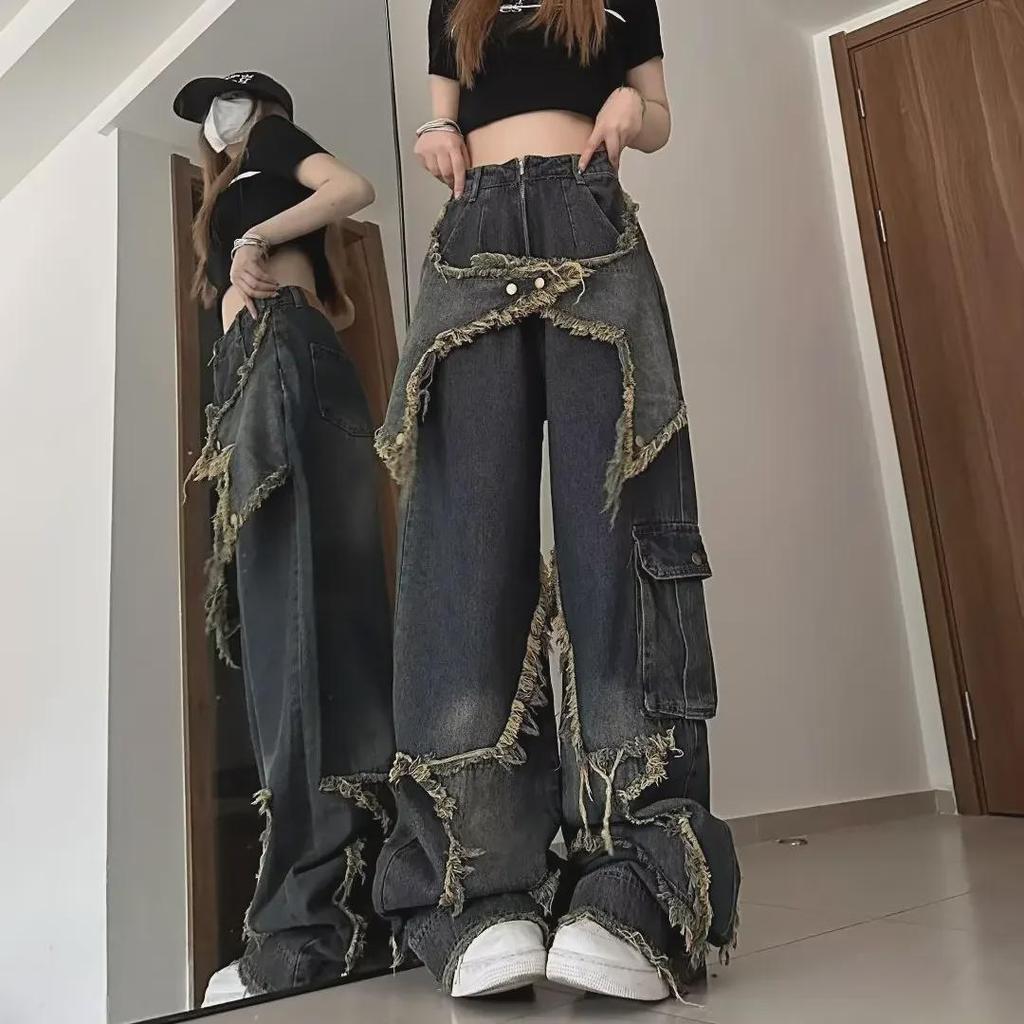 Women's Retro Loose Slim Jeans with Raw Edge - Spring Design, Wide Leg, Straight Trousers.