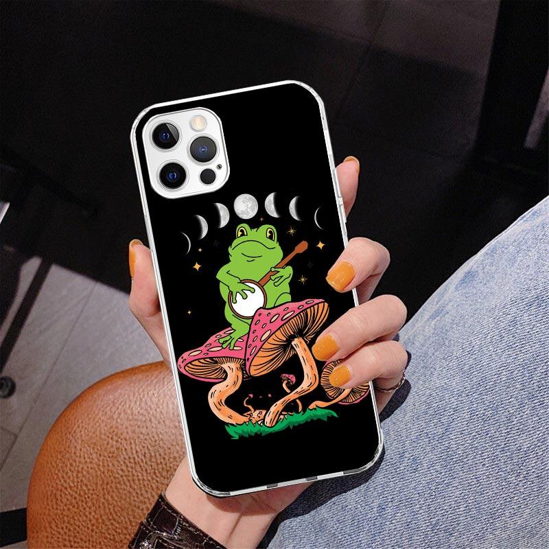 Коттеджкор Лягушка Гриб Кавайный Чехол для Телефона Для iPhone 17 Air 16 Pro Max 16E 15 + 14 Plus 11 12 13 Mini 7 8 SE Подарок Печатная Крышка