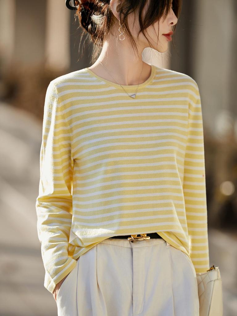 Women's French Retro Stripe Knitwear: Long Sleeve Round Neck Thin Wool Autumn Shirt