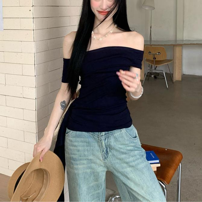 Летняя футболка с открытыми плечами и косым воротником Женская мода Футболки с коротким рукавом повседневные Тонкие эластичные обтягивающие топы y2k женская одежда