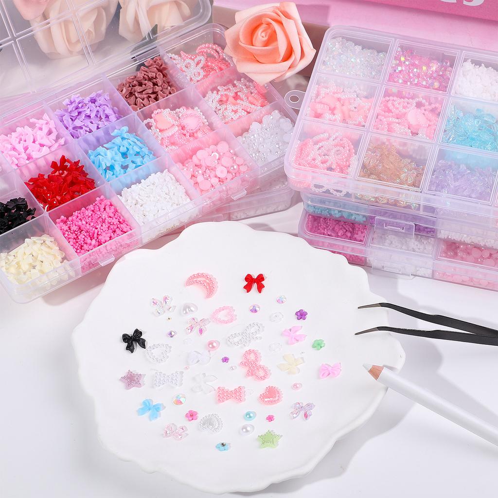 15Grids/box Mixed Resin Bowknot Nail Art Decorations 3D Acrylic Charms Kawaii Colorful Bow Rhinestone DIY Manicure Tools Parts