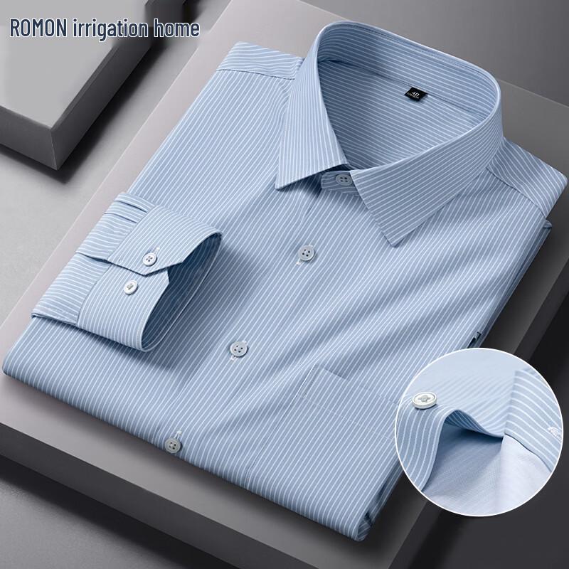 ROMON Men's Striped & Plaid Business Casual Long Sleeve Shirt