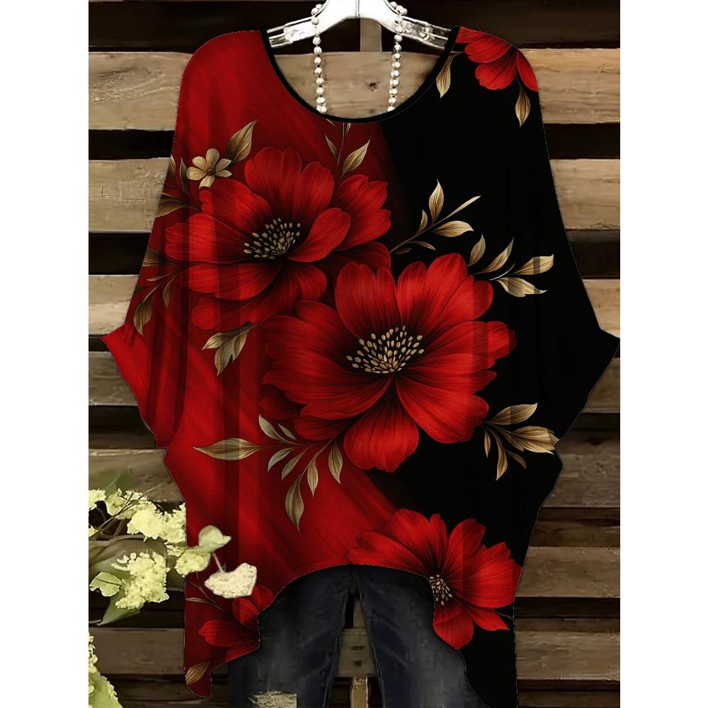 Red flower women's large size short-sleeved T-shirt, irregular hem design, digital printing four seasons T-shirt