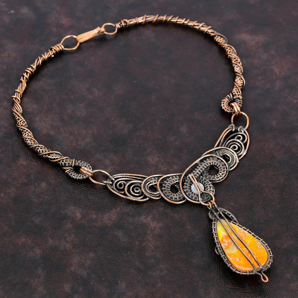 Bumble Bee Jasper Necklace Copper Wire Wrapped Necklace Rainbow Moonstone Necklace Handmade Gemstone Necklace Copper Jewelry Engagement Gift