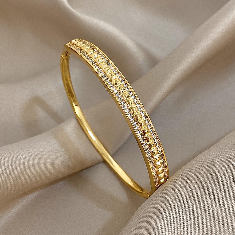 Flashbuy Gold Color Chic Inlaid Zircon Copper Bangle Bracelet For Women Statement New Design Temperament Wrist Fashion Zircon
