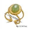 Retro Engraved Radiant Green Veined Stone Ring for Women Stainless Steel Antique Gold Chunky Wide Band Boho Jewelry