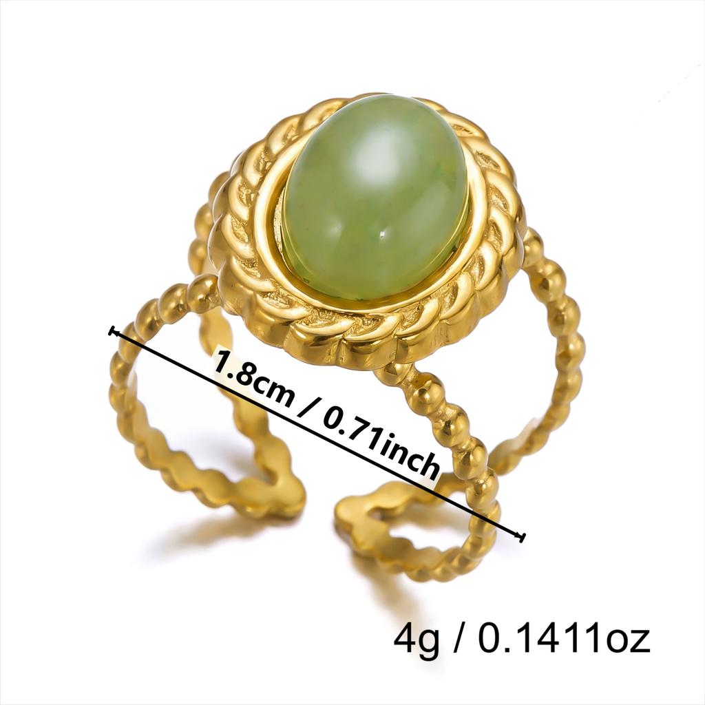 Retro Engraved Radiant Green Veined Stone Ring for Women Stainless Steel Antique Gold Chunky Wide Band Boho Jewelry