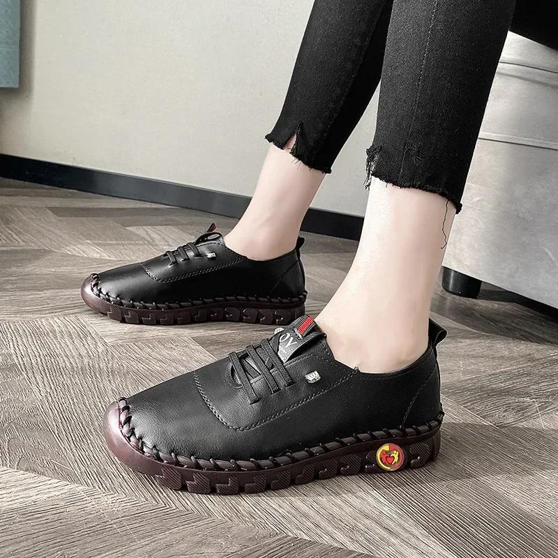 Новые стильные женские кроссовки Удобные дышащие кожаные туфли Модные мягкие туфли на плоской подошве женские туфли