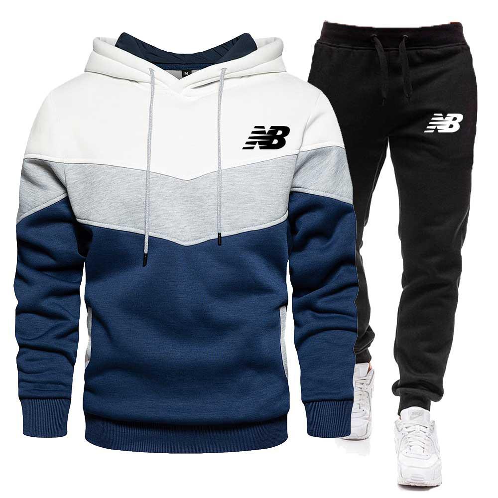 Men's Color-Block Hooded Sweatshirt & Sweatpants Set for Spring and Autumn