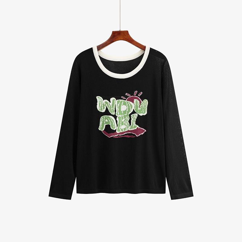 Плюс Размер Женский Круглый вырез Жаккардовый Письмо Топ Длинный Рукав Ранняя Осень Свободный Повседневный Трикотаж