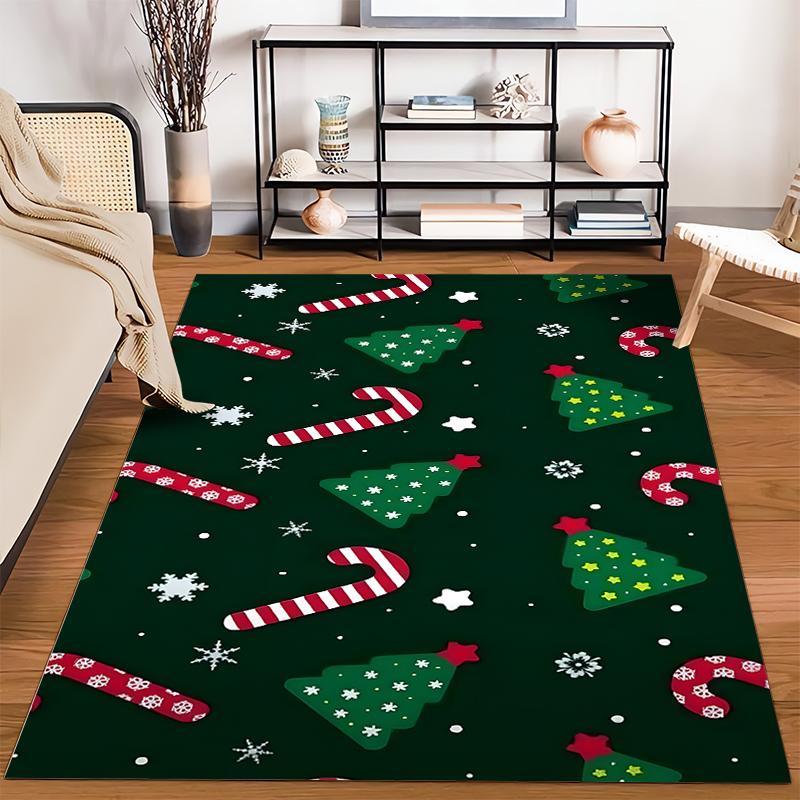 Christmas Candy Cane and Tree Pattern Rug - Non-slip rug suitable for living room and bedroom sofas.