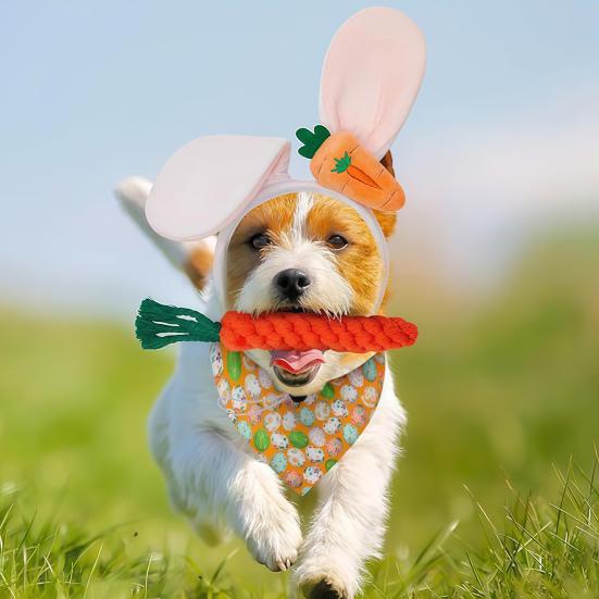 Набор из 4 предметов костюма для собаки на Пасху Милая повязка на голову с ушками кролика Бандана Морковки Игрушки-погрызушки Пасхальные наряды для домашних животных для маленьких средних больших собак кошек Праздничный косплей