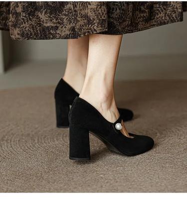 Модные женские туфли Мэри Джейн, винтажные офисные туфли, черные туфли-лодочки с жемчужной пряжкой, туфли на среднем каблуке