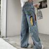 High Street Vintage Color Print Loose Jeans Women 2000s Y2k Straight Casual Wide Leg Pants Ladies Fashion Design Retro Baggy Trousers