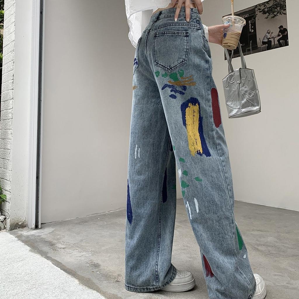 High Street Vintage Color Print Loose Jeans Women 2000s Y2k Straight Casual Wide Leg Pants Ladies Fashion Design Retro Baggy Trousers