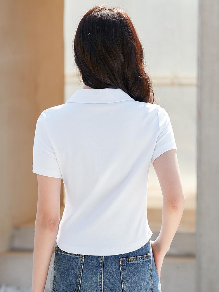 Korean-Style Elegant High-Waisted Slimming Summer Lapel Button T-Shirt