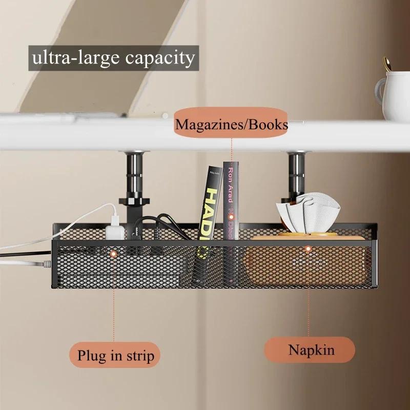 Under Desk Clamp Mounted Cord Organizer No Drill Wire Management Holder Mesh Cable Basket for Managing Cables Power Strips