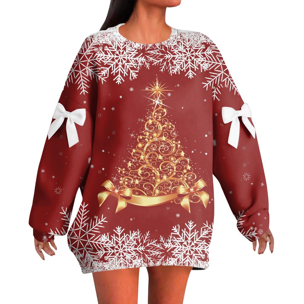 Женский рождественский пуловер с принтом и бантом, с круглым вырезом, длинными рукавами, свободного кроя