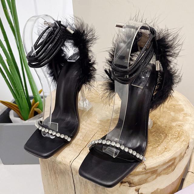 Liyke/Новый дизайн, женские сандалии со стразами, модные летние прозрачные туфли на высоком каблуке с нечеткими перьями, пикантные вечерние туфли для банкетов, сине-белые