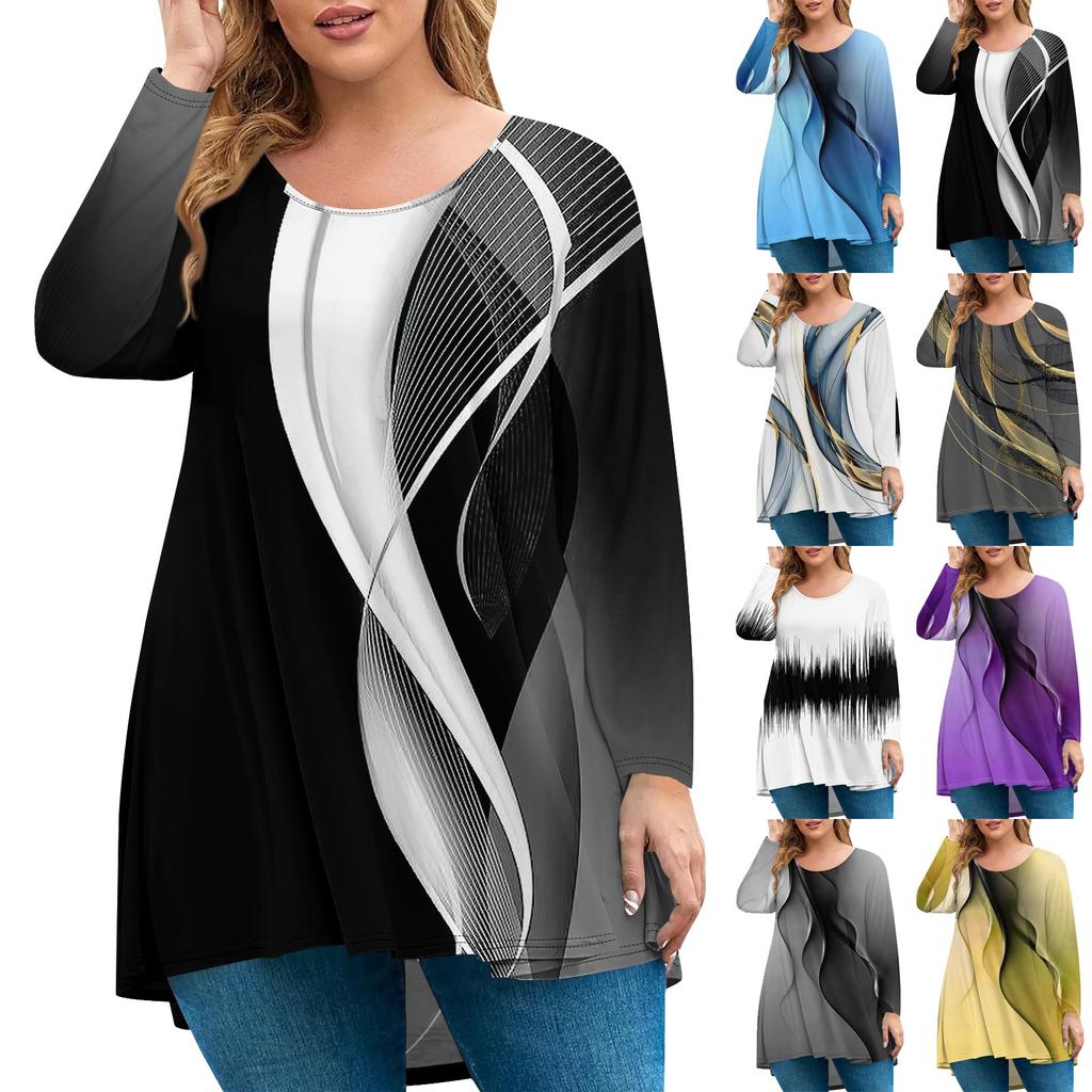 Women's Fashion Large Size Round Neck Long Sleeve Casual Print Loose Pullover Top